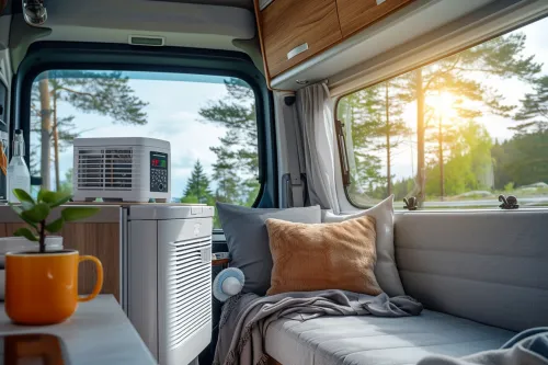 Un climatiseur portable van aménagé permet de maintenir une température agréable lors des voyages en van.